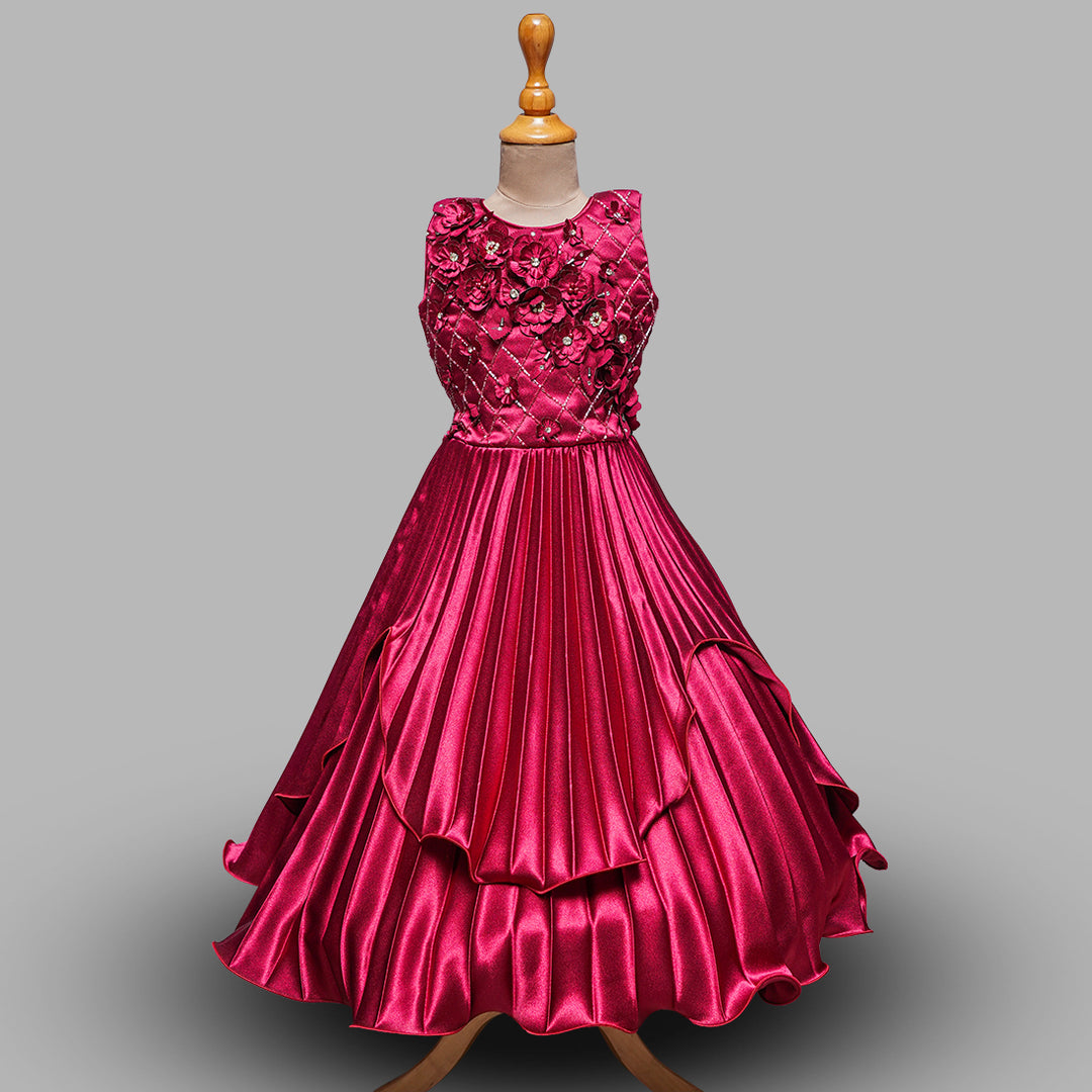 Maroon Floral Embossed Girls Gown Front View