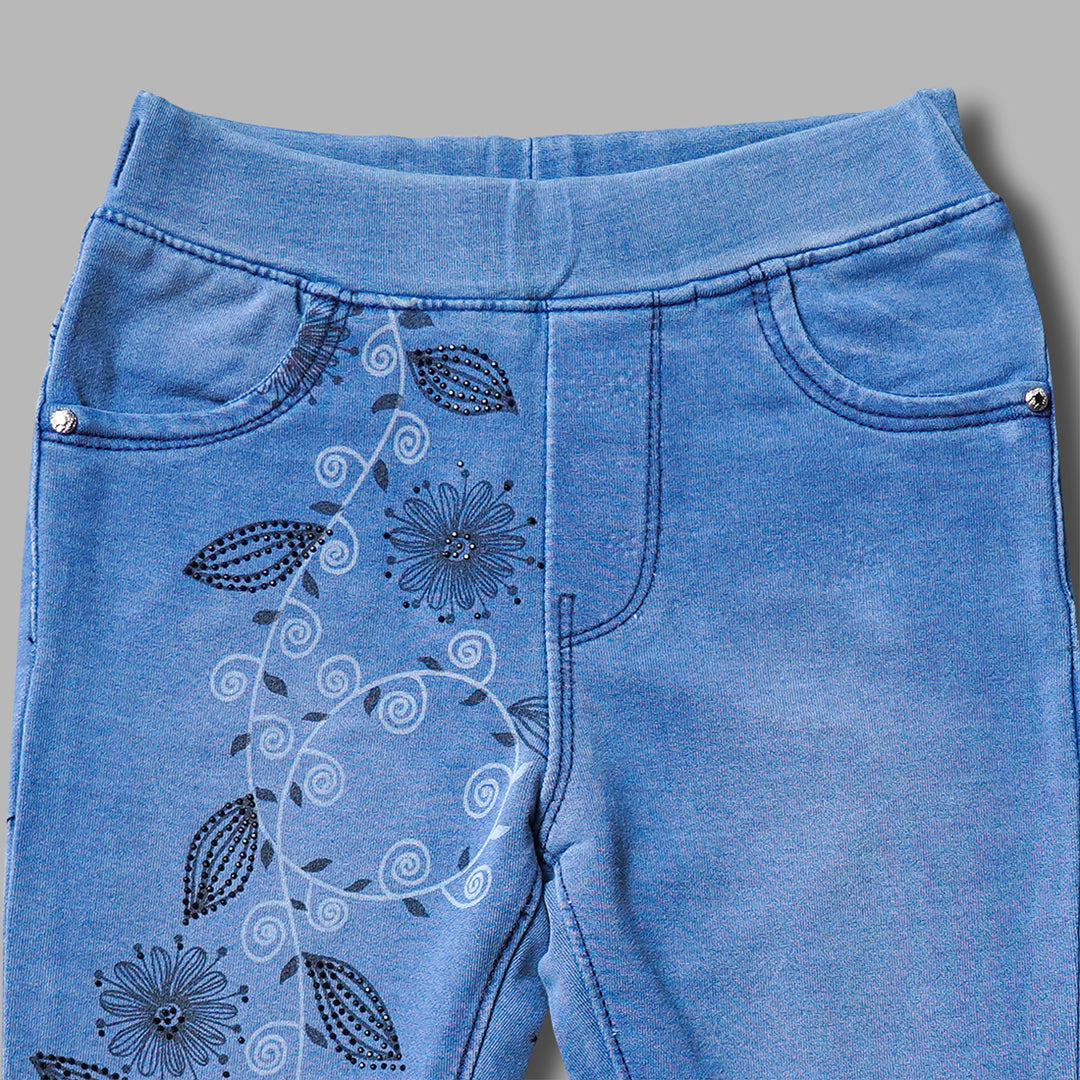 Blue Floral Jeggings for Girls Close Up View 