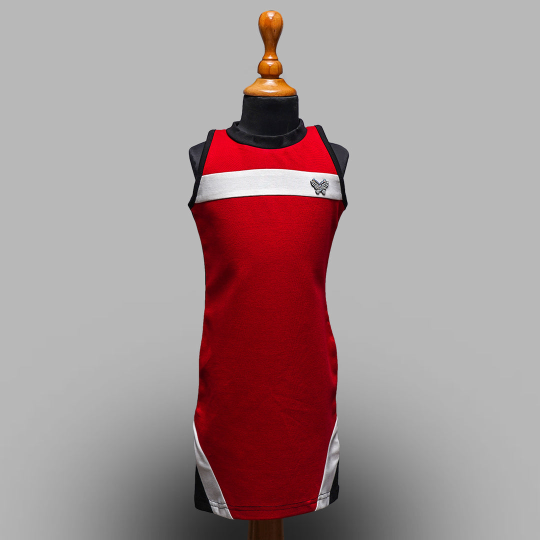 Red & Black Sleeveless Girls Midi Front View