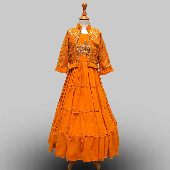 Maroon & Mustard Gown for Girls Front View