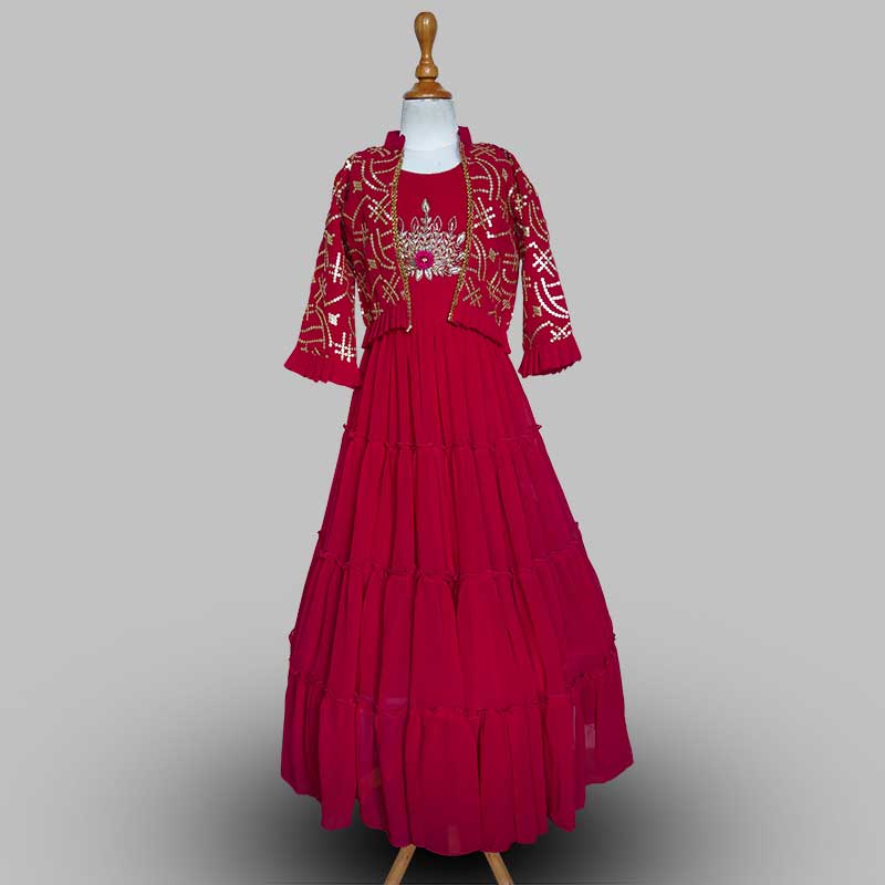 Maroon & Mustard Gown for Girls Front View