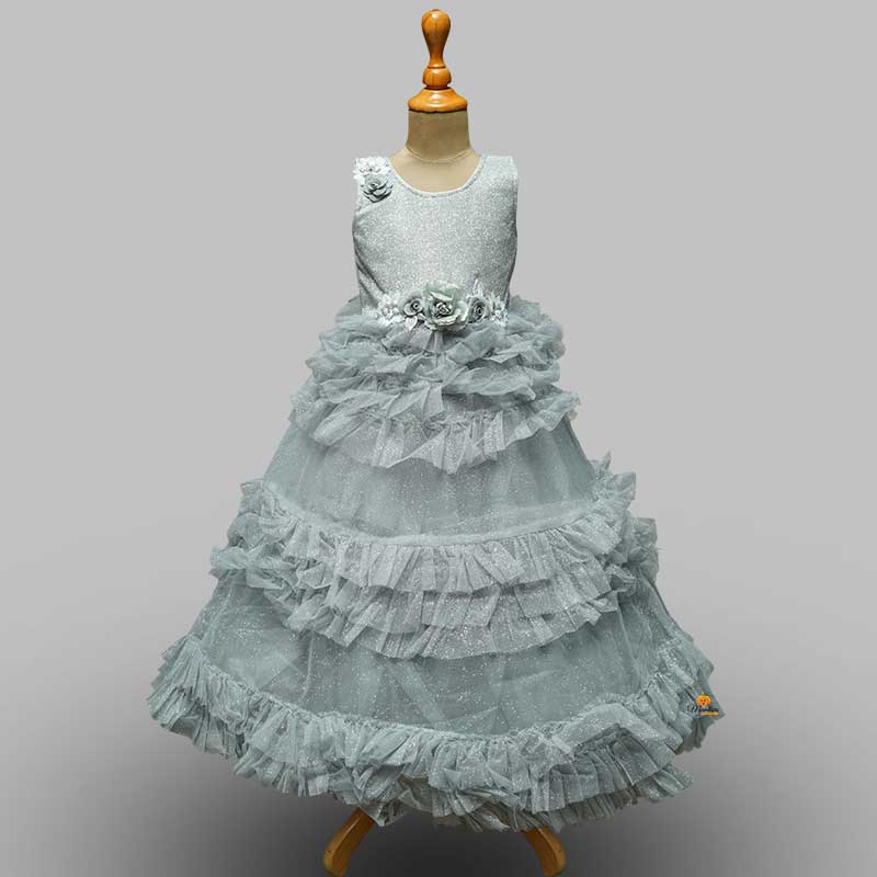 Grey Flared Net Girls Gown Front View