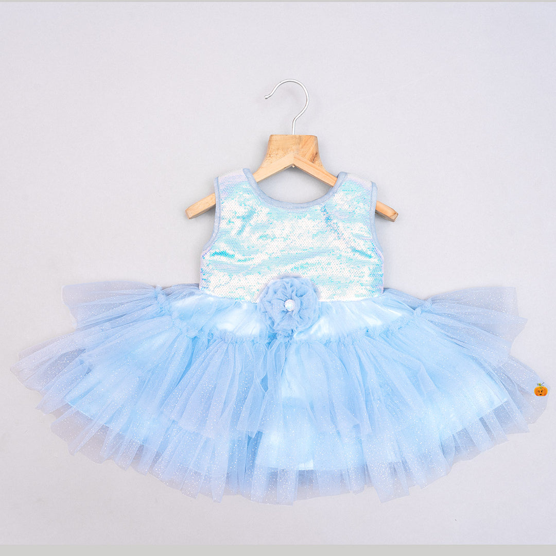 Sky Blue & Peach Sequin Baby Frock Top View