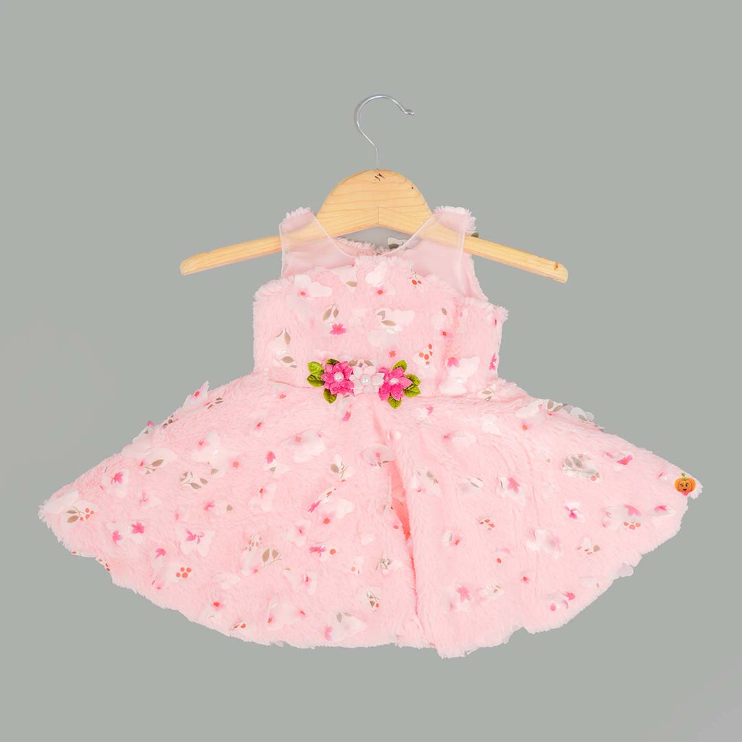Floral Furry Pink New Born Baby Frock Front View