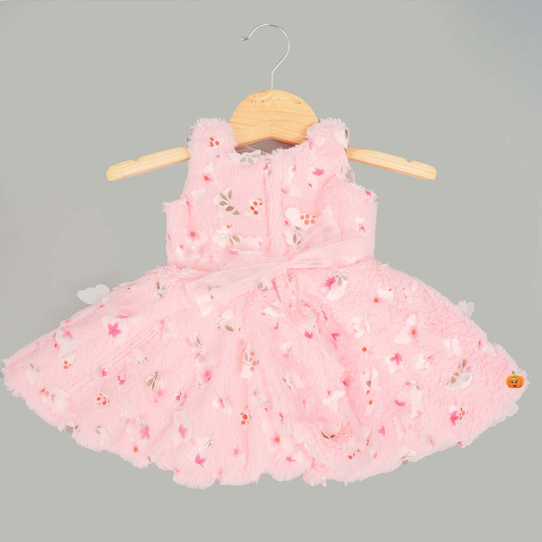 Floral Furry Pink New Born Baby Frock Back View
