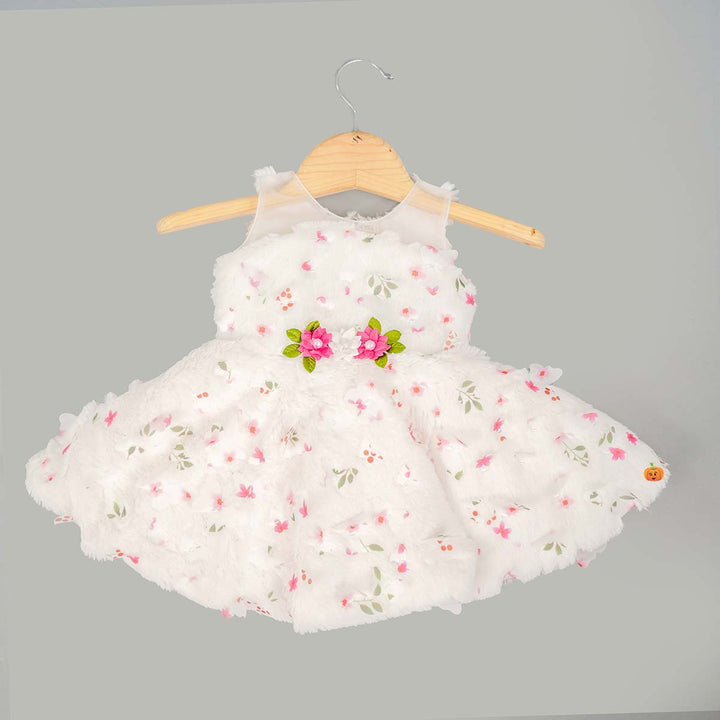 Floral Furry White New Born Baby Frock Front View