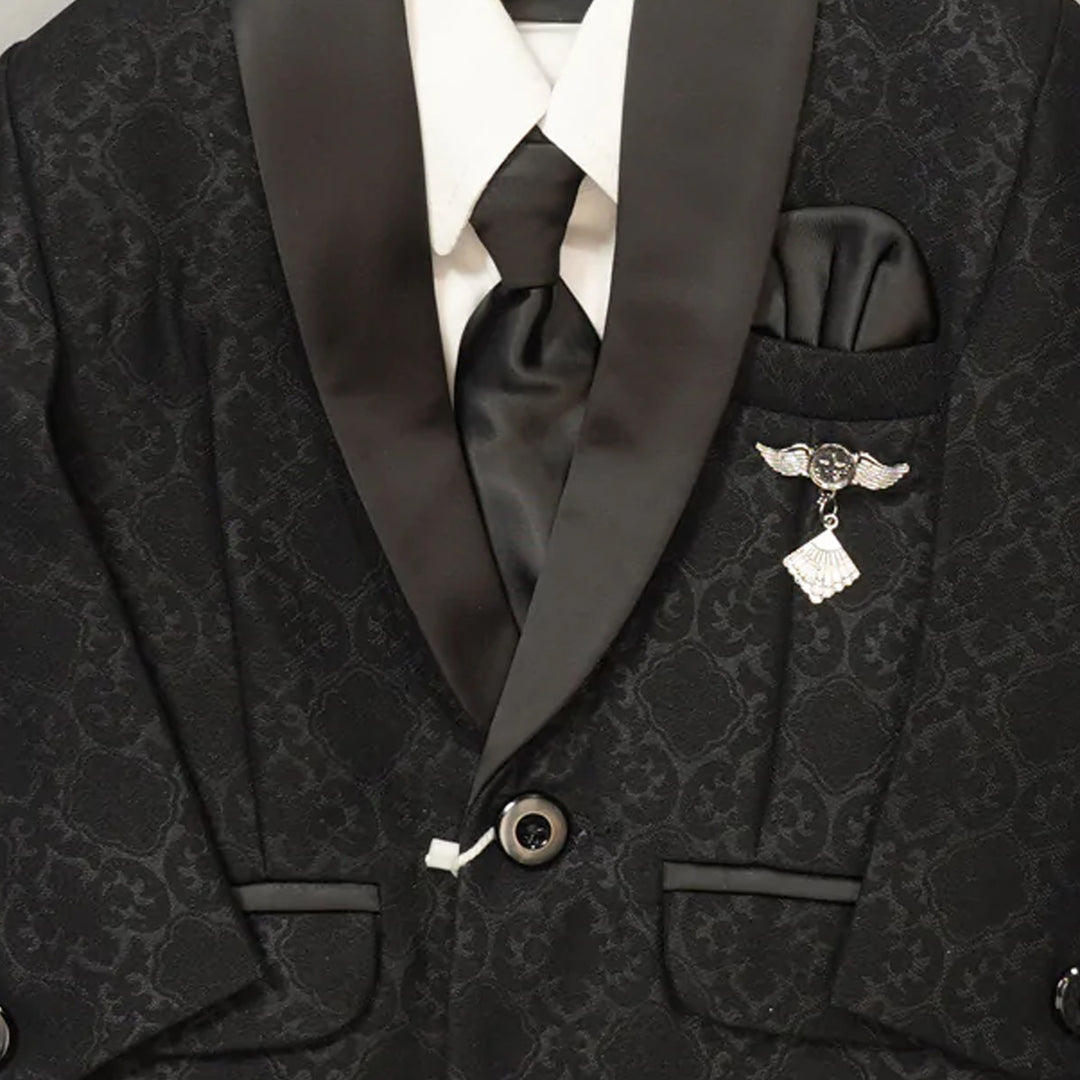 Black Printed Party Wear Boys Tuxedo Close Up View