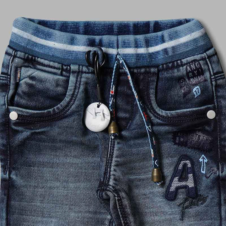 Blue Drawstring Jeans for Boys Close Up