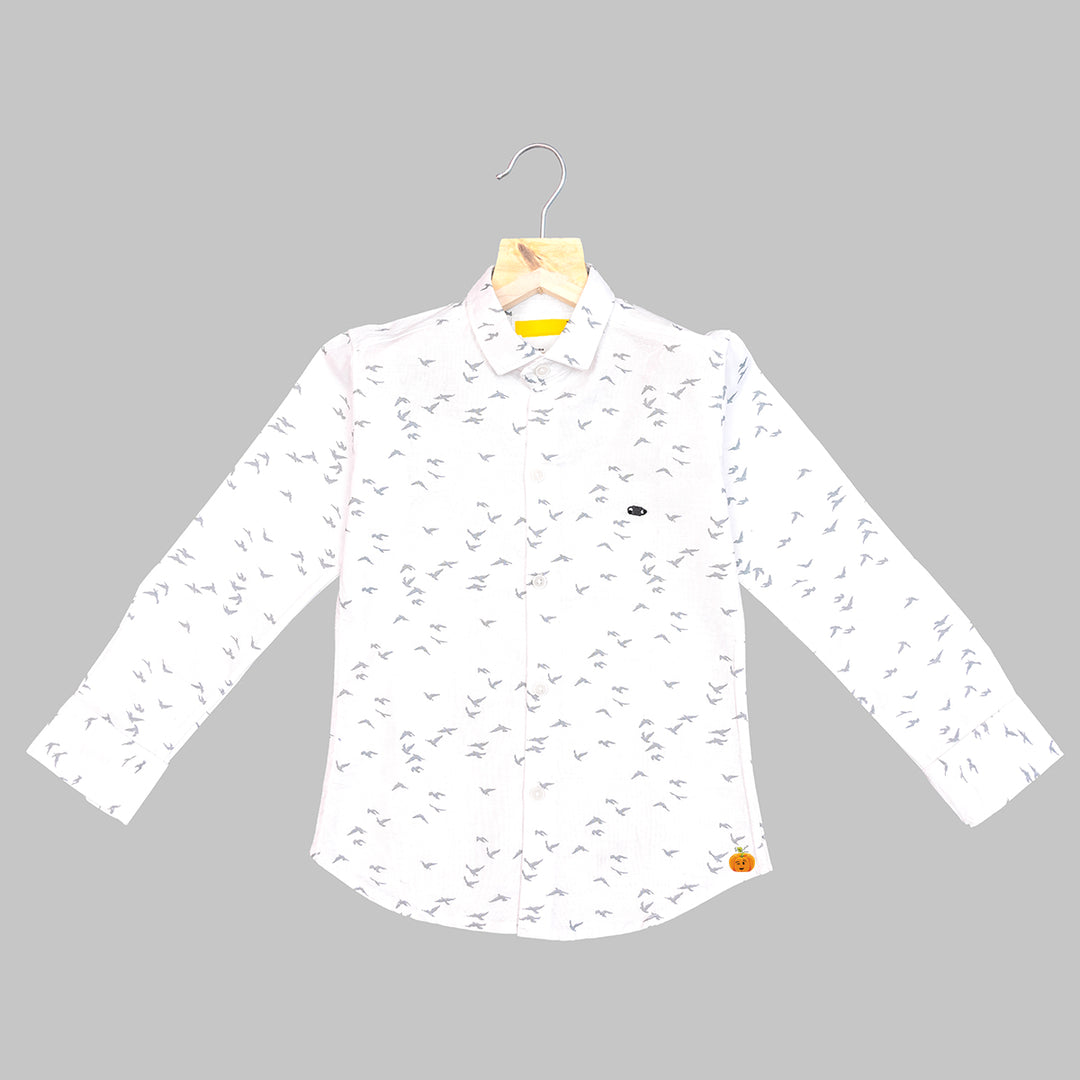 White Printed Full Sleeves Boys Shirt Front View