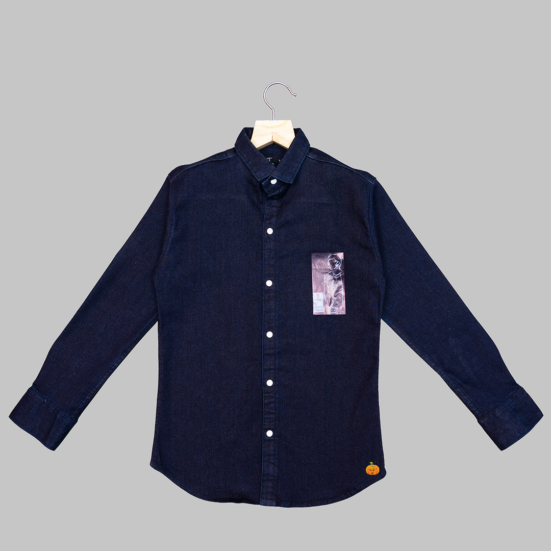 Navy Blue Graphic Printed Boys Shirt Front View