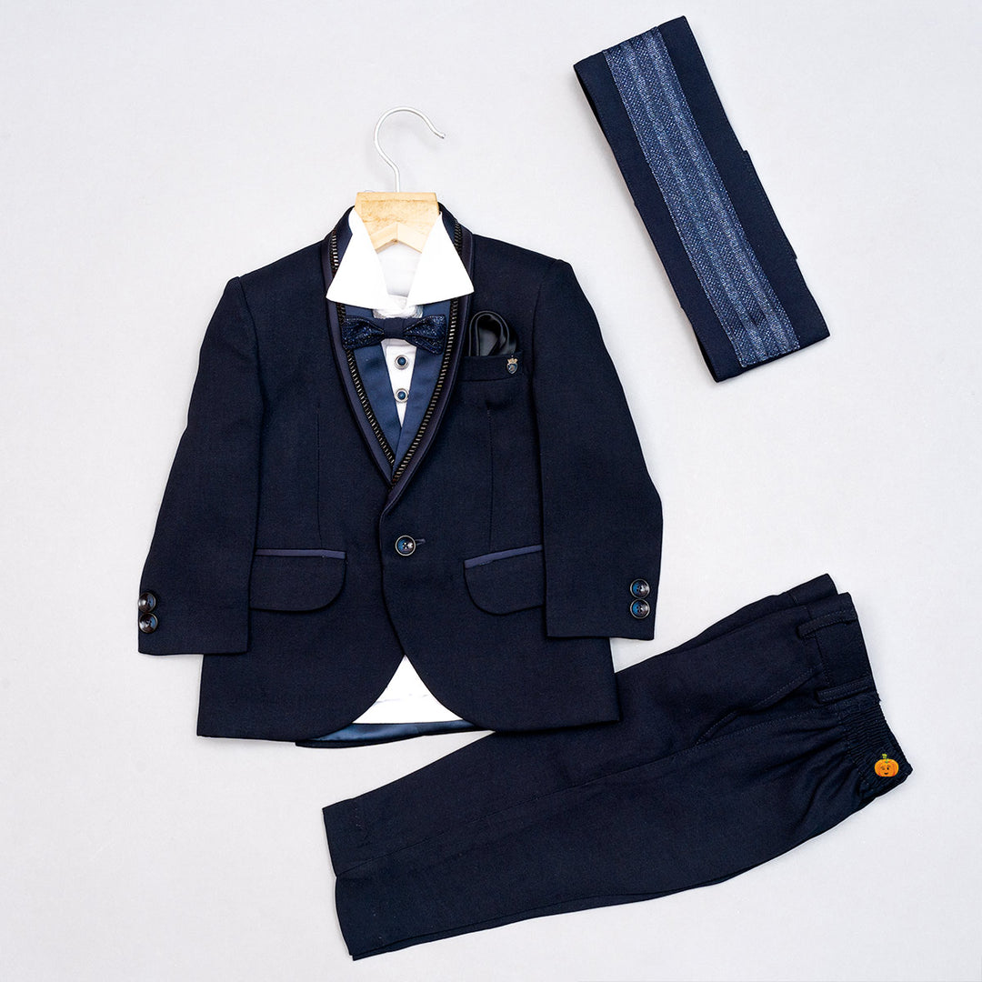 Navy Blue Cummerbund Tuxedo Suit for Boys Front View