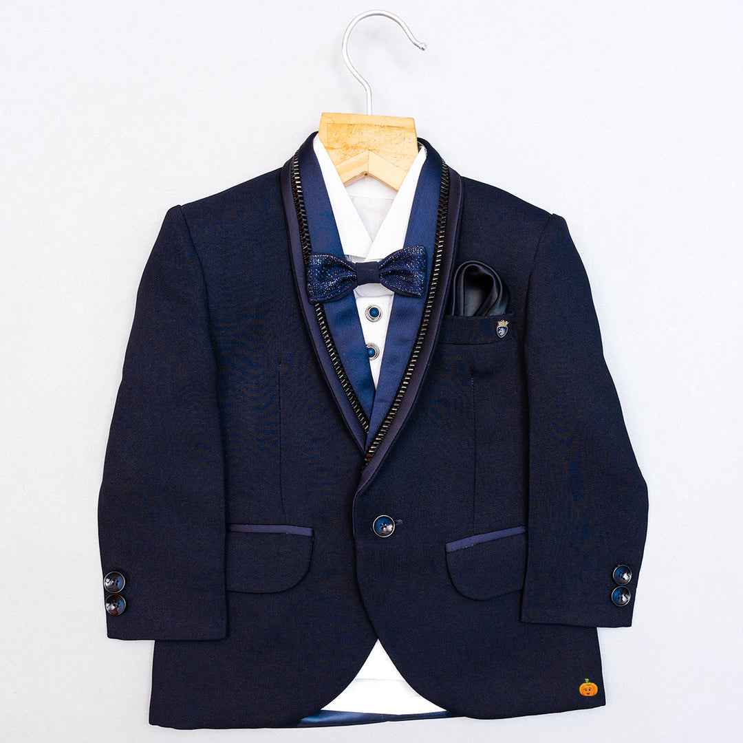 Navy Blue Cummerbund Tuxedo Suit for Boys Top View