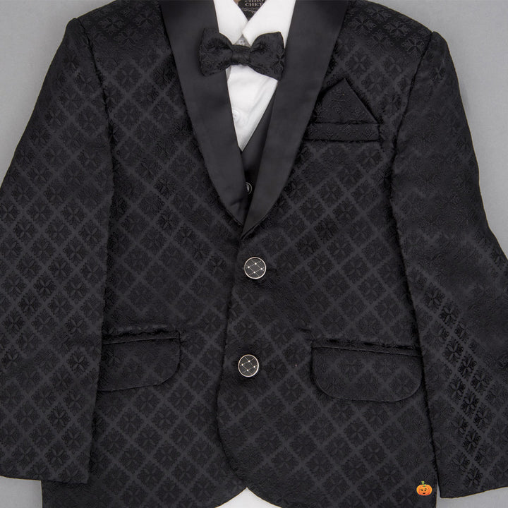 Black Boys Tuxedo Suit with Bow & Tie Close Up View