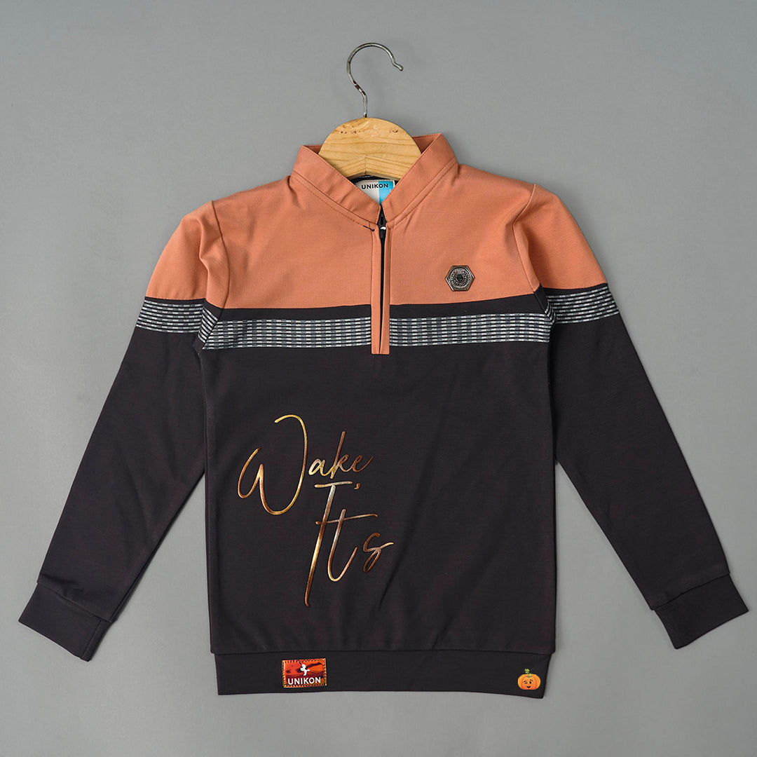 Solid Zip Up Full Sleeves T-Shirt for Boys Front View