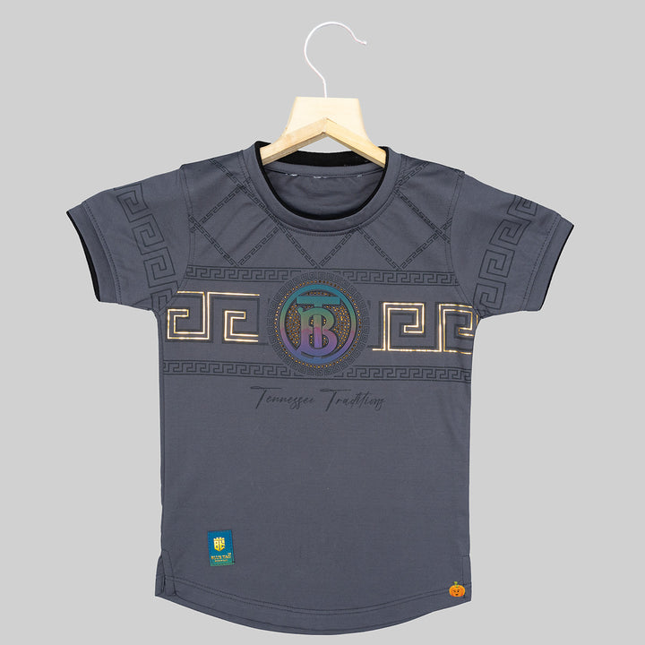 Grey & Blue Half Sleeves Boys T-shirt Front View