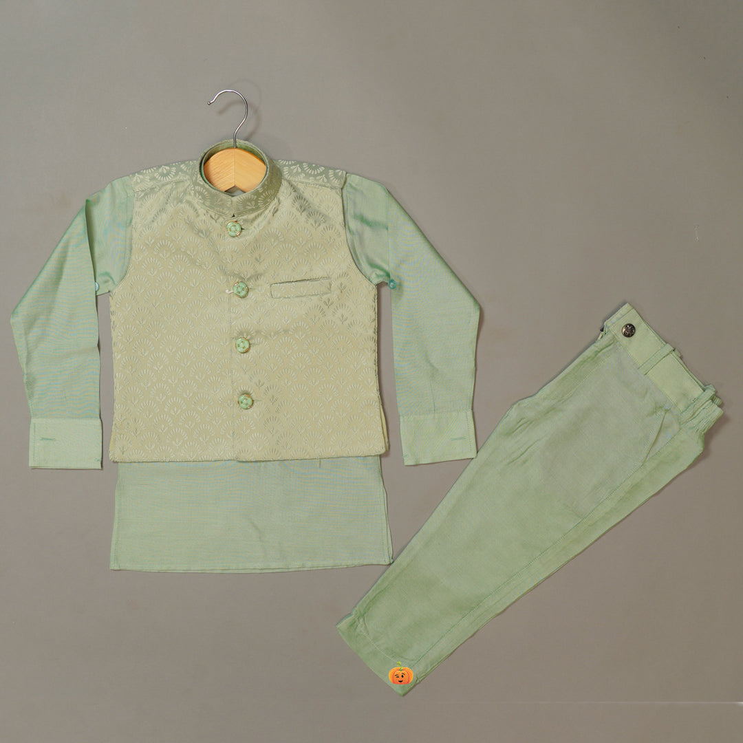 Pastel Green Boys Kurta Pajama with Nehru Jacket Front View