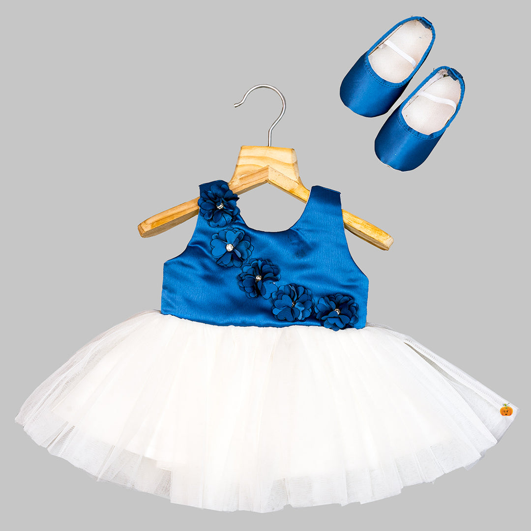 Blue Floral Applique Baby Frock Front View