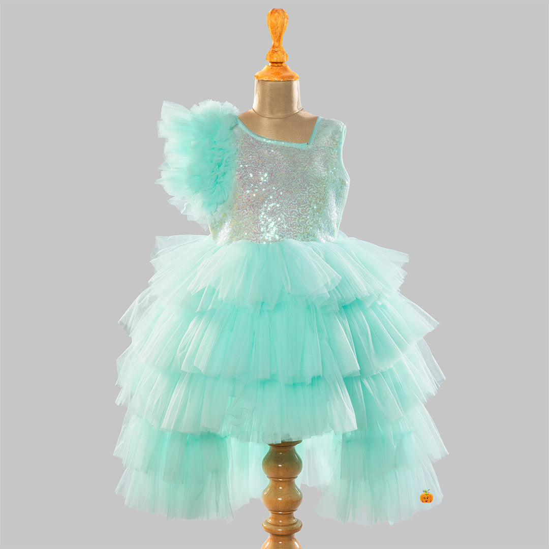 Sea Green Layered High low Pattern Girls Frock Front View