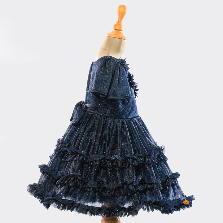 Navy Blue Party Wear Frock for Girls Side View