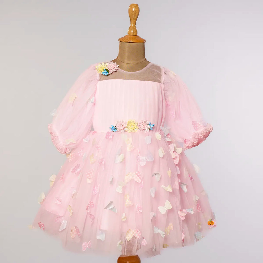 Pink & Lemon Scattered Butterflies Frock for Girls Front View