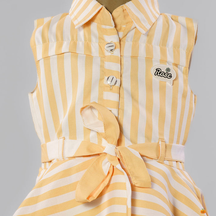 Yellow Striped Cotton Frock for Girls Close Up View