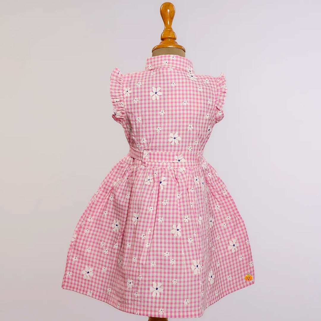 Pink Collared Check Pattern Girls Frock Back View