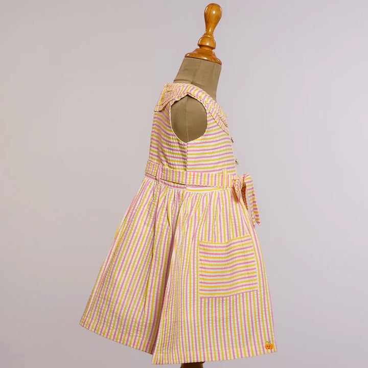 Yellow Striped Pattern Cotton Frock for Girls Side View