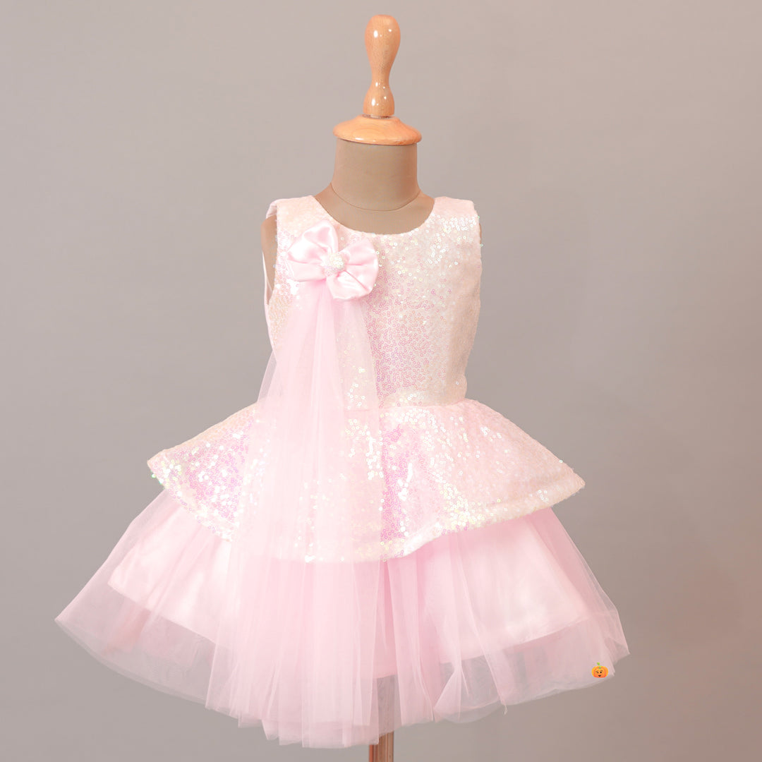Pink Party Wear Sequin Baby Frock Front View