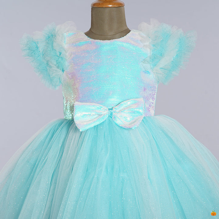 Turquoise Sequin Bow Girls Frock Close Up View