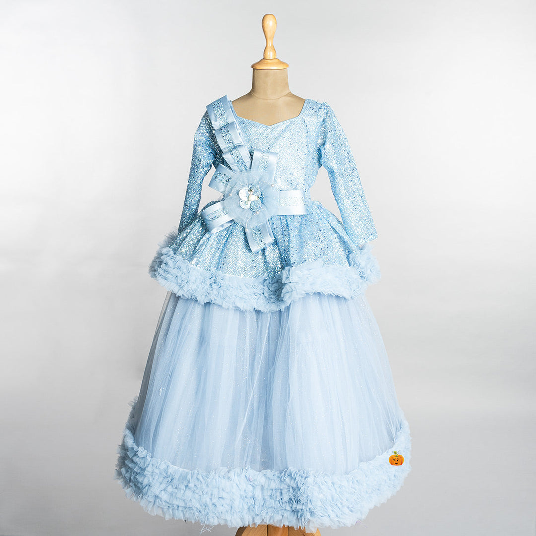 Sky Blue Sequin Layered Girls Gown
