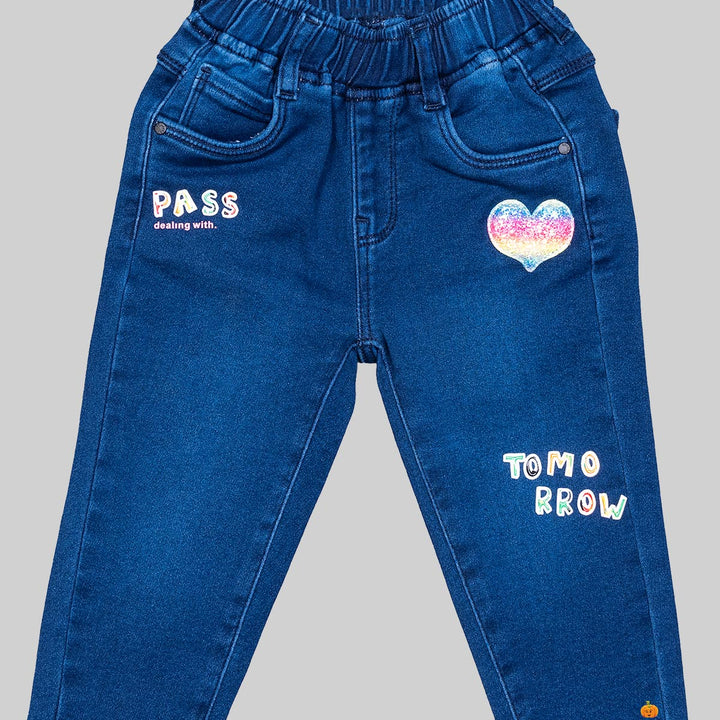 Blue Slim Fit Elastic Waist Girls Jeans Close Up View