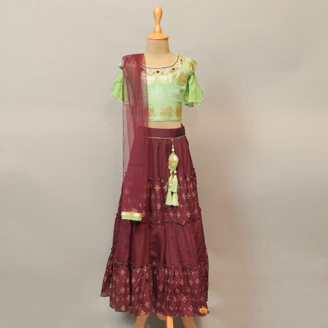 Yellow And Pista Lehenga Choli For Girls