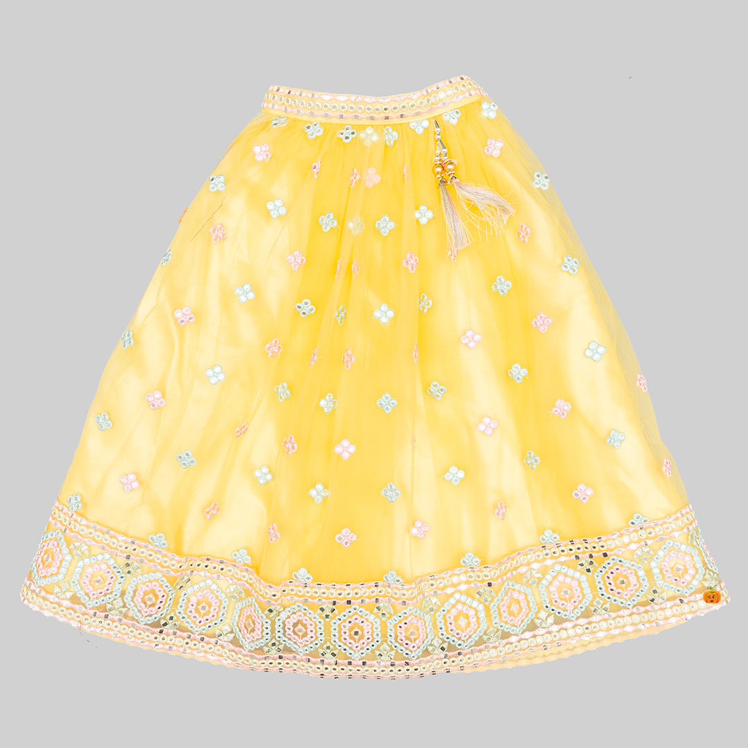 Yellow Embroidered Girls Lehenga Choli Bottom View