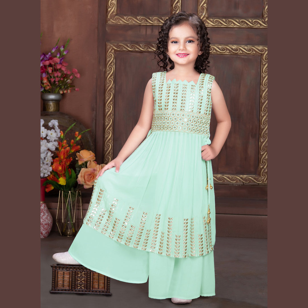 Sky Blue Embroidered Girls Palazzo Suit Front View