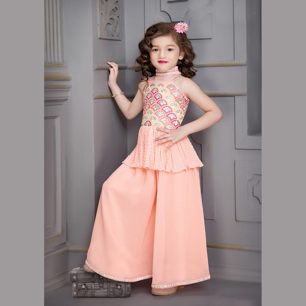 Embroidered Girls Palazzo Suit - Main Image