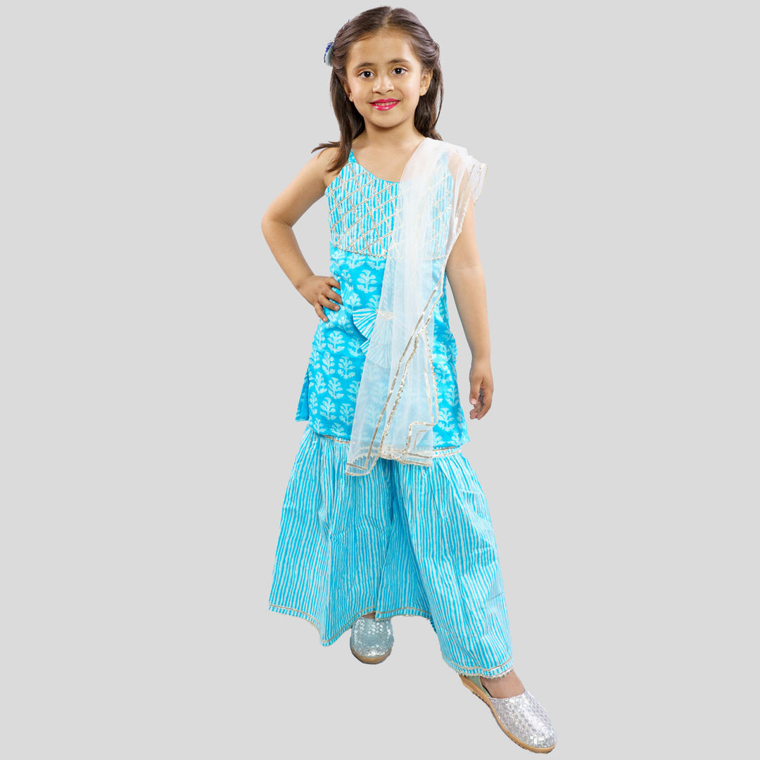 Turquoise Printed Girls Sharara Suit Front View