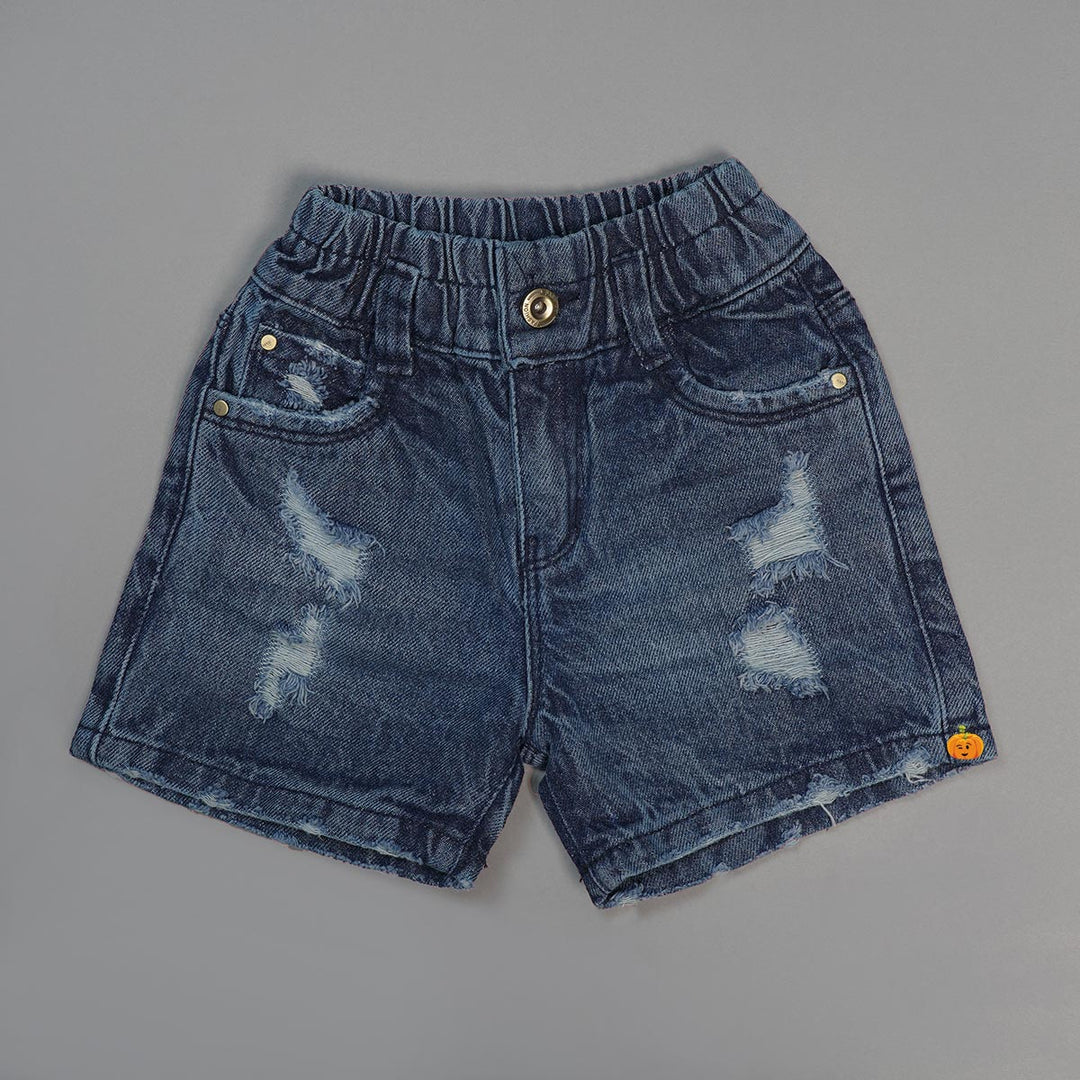 Denim Shorts for Girls with Damage Patterns Front View