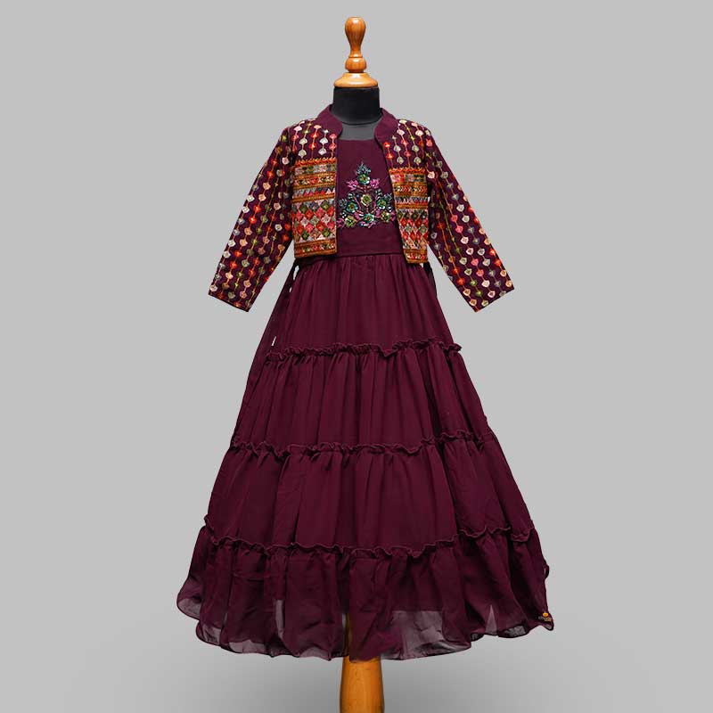 Wine Embroidered Girls Gown with Jacket - Main Image