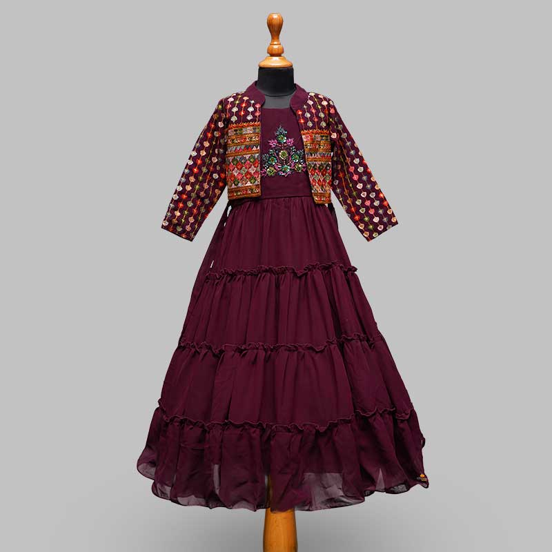 Wine Embroidered Girls Gown with Jacket Front View