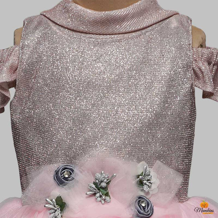 Pink Glittery Long Kids Gown Close Up View
