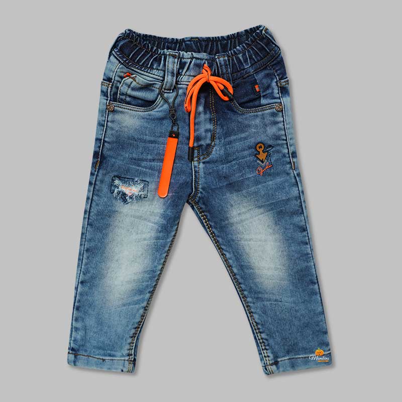 Blue Denim Jeans for Boys with Rugged Pattern Front View