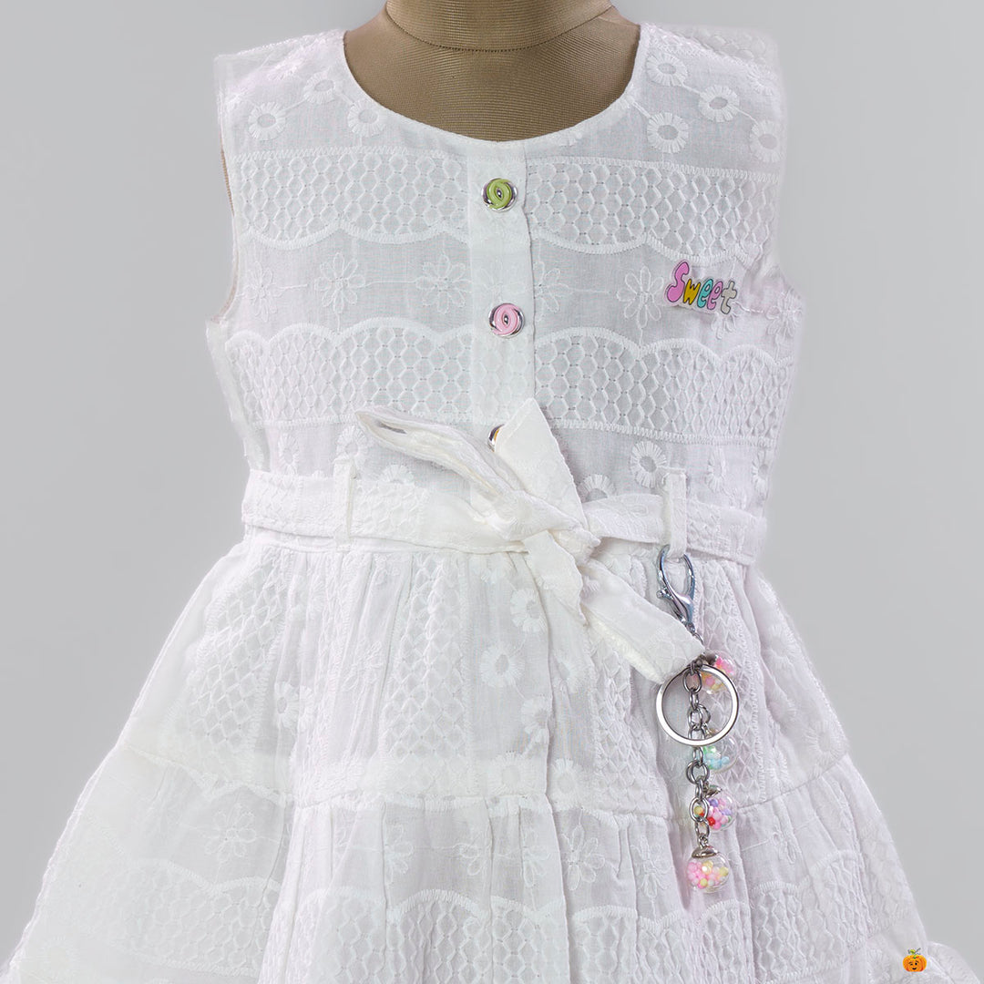 White Embroidered Cotton Girls frock Close Up View