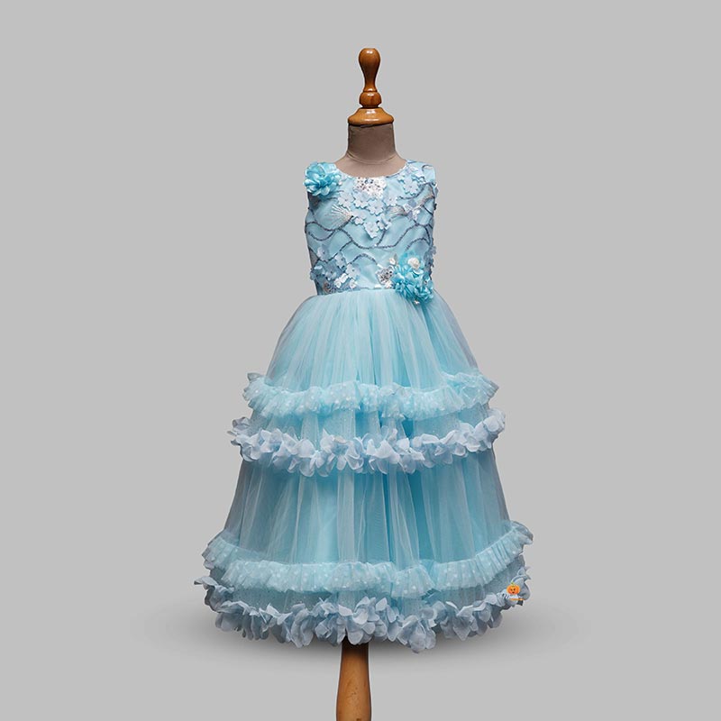 Sky Blue Fluffy Net Gown for Girls Front View