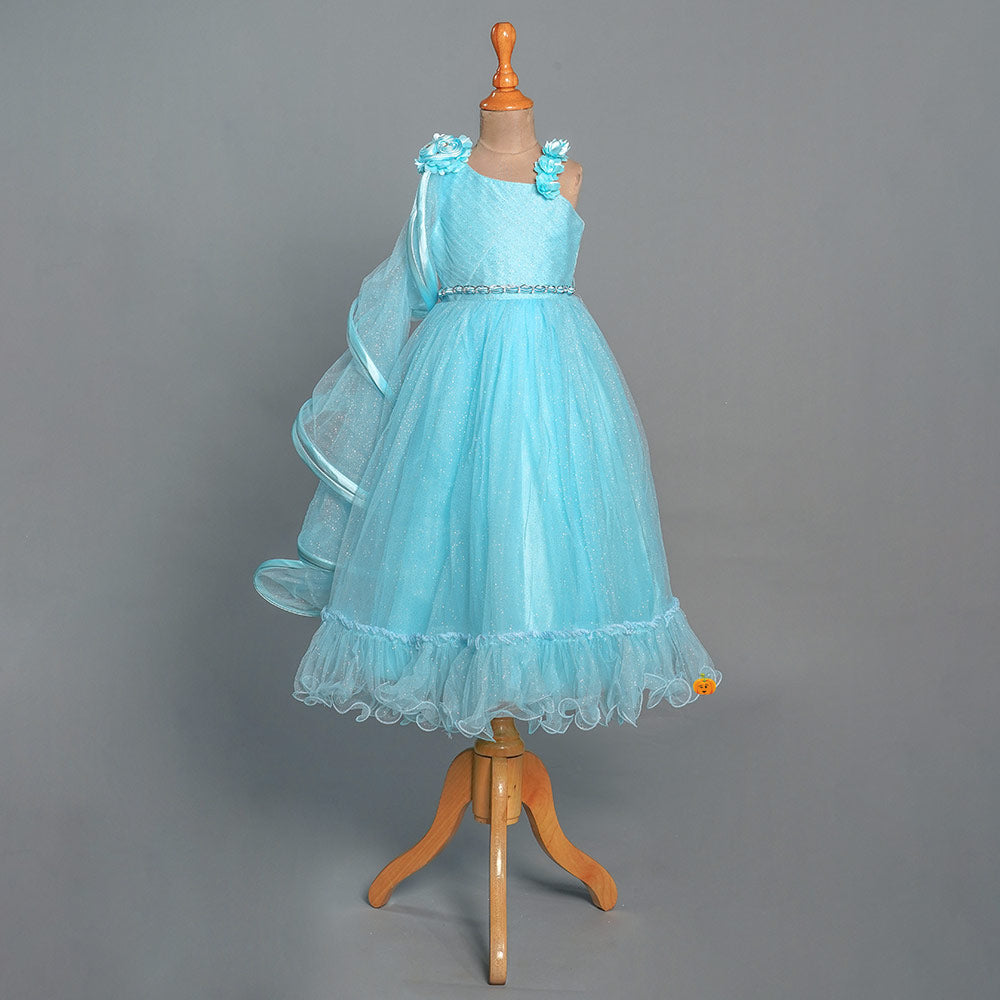 Sky Blue Glittery Long Girls Gown - Main Image
