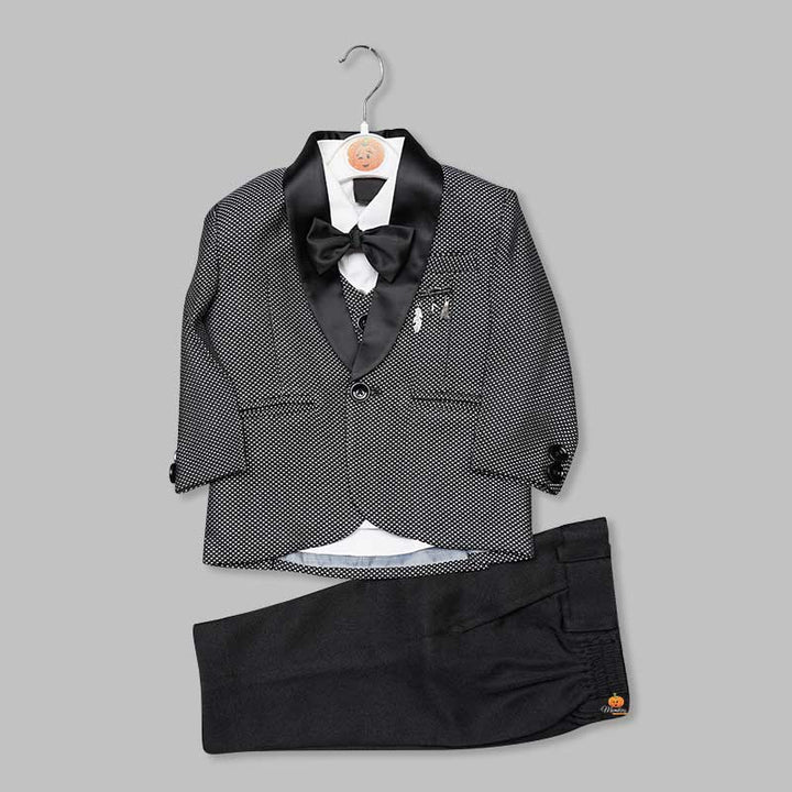 Black Party Wear Boys Tuxedo with Dotted Pattern Front View