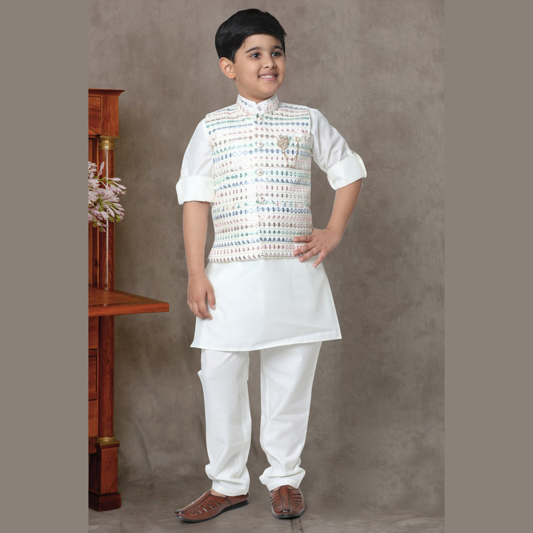 Cream Embroidered Boys Kurta Pajama with Jacket Front Model View