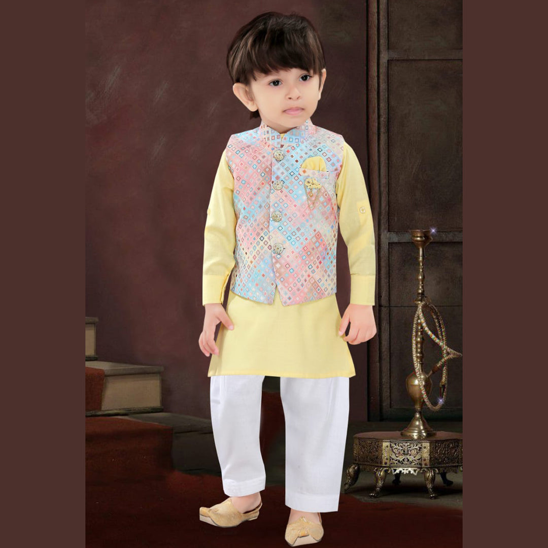 Yellow Boys Kurta Pajama with Printed Nehru Jacket Front View