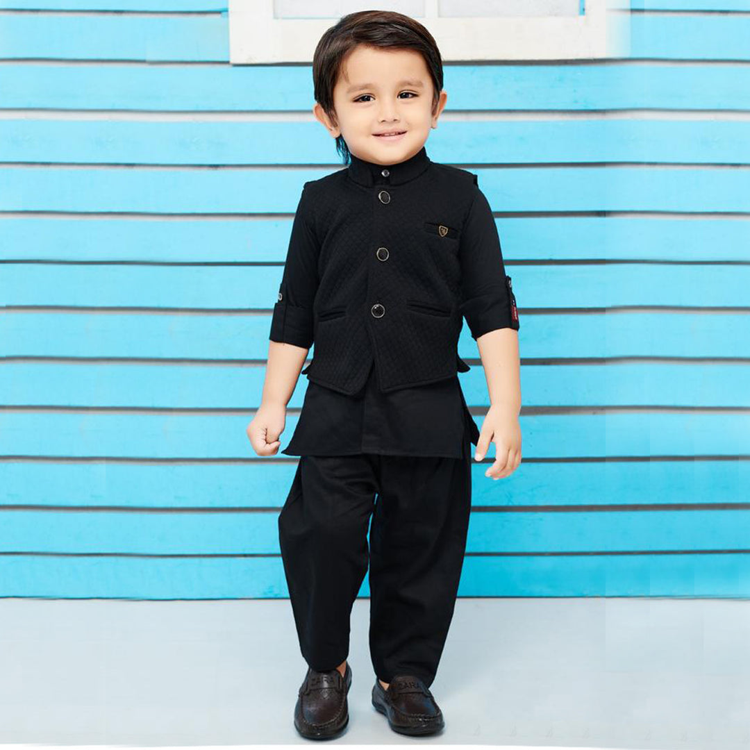 Black Boys Kurta Pajama with Jacket Front View