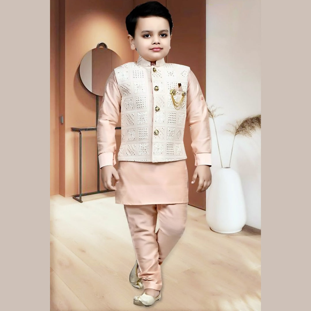 Pastel Peach Kids Kurta Pajama and Jacket Front View