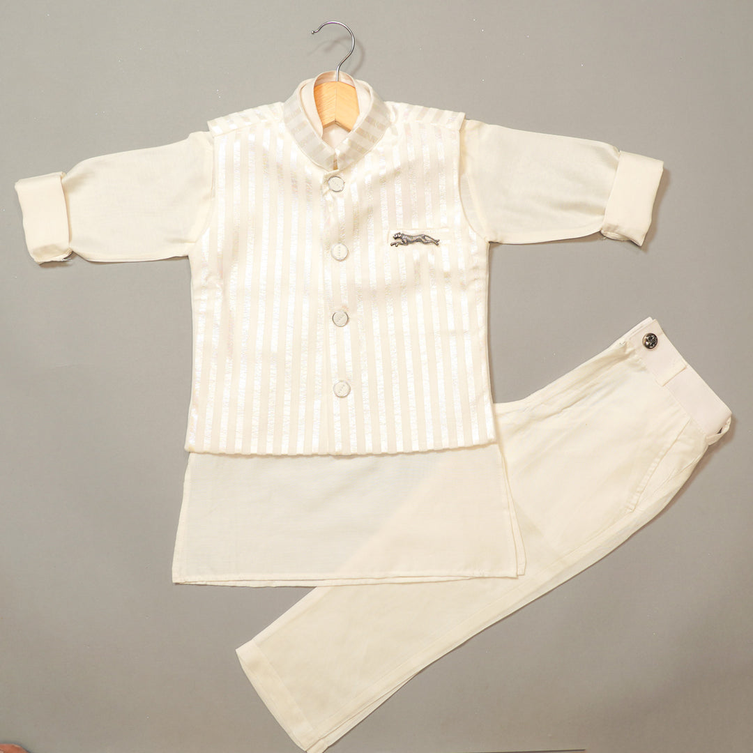 Cream Kurta Pajama for Kids with Striped Nehru Jacket Front View